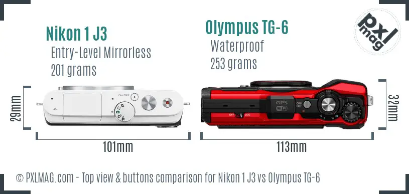 Nikon 1 J3 vs Olympus TG-6 top view buttons comparison