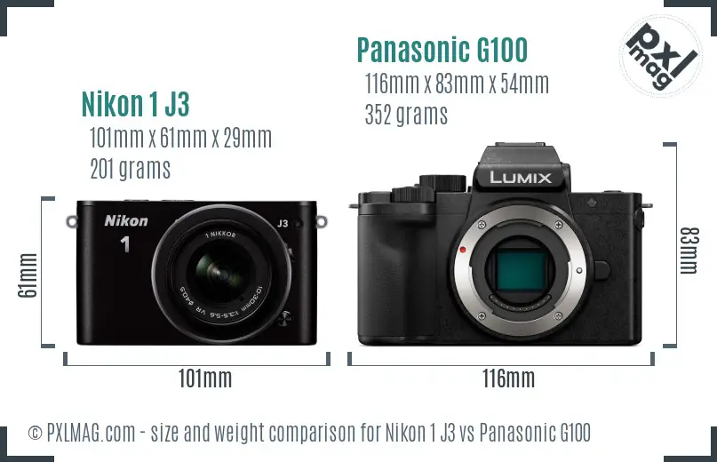 Nikon 1 J3 vs Panasonic G100 size comparison