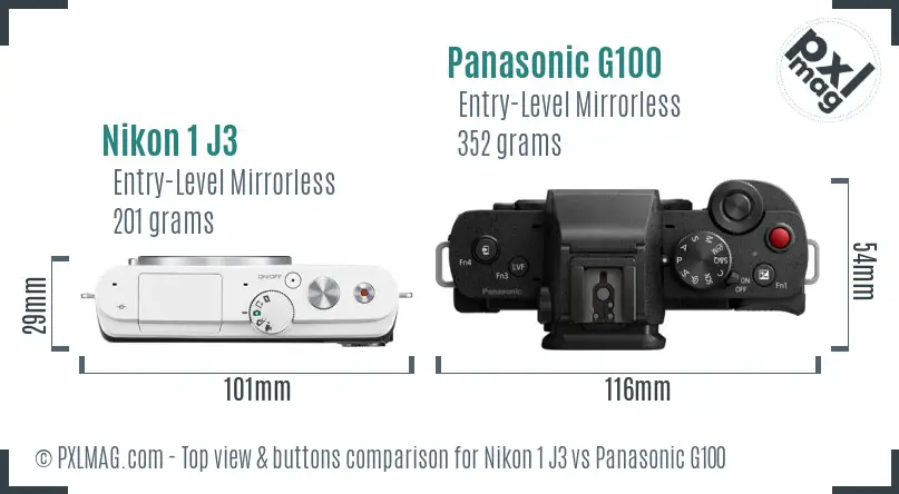 Nikon 1 J3 vs Panasonic G100 top view buttons comparison