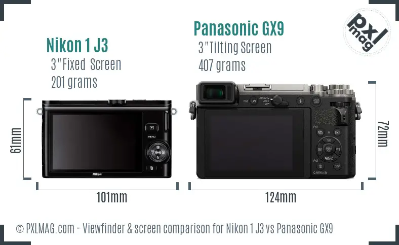Nikon 1 J3 vs Panasonic GX9 Screen and Viewfinder comparison