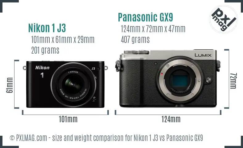 Nikon 1 J3 vs Panasonic GX9 size comparison