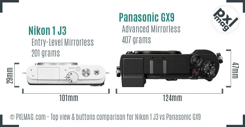 Nikon 1 J3 vs Panasonic GX9 top view buttons comparison