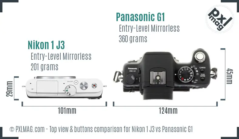 Nikon 1 J3 vs Panasonic G1 top view buttons comparison