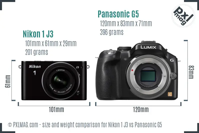Nikon 1 J3 vs Panasonic G5 size comparison