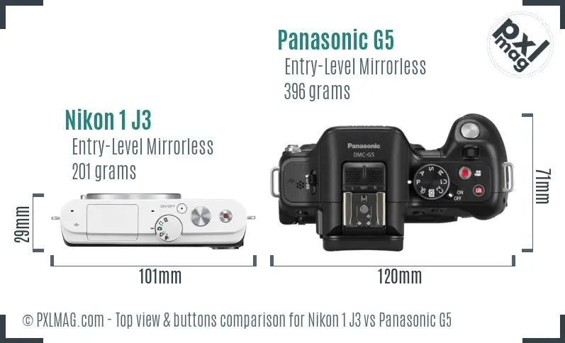 Nikon 1 J3 vs Panasonic G5 top view buttons comparison