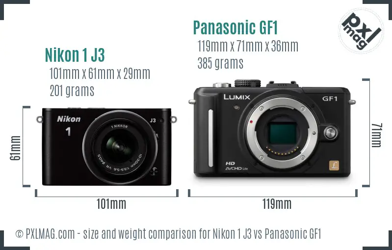 Nikon 1 J3 vs Panasonic GF1 size comparison