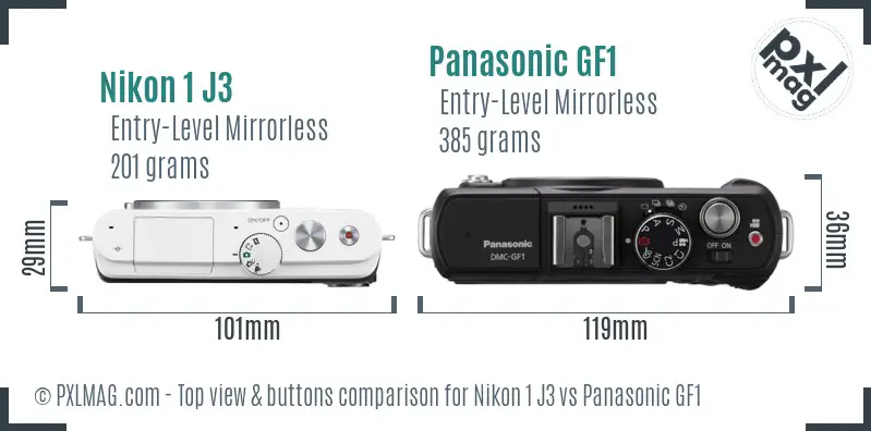 Nikon 1 J3 vs Panasonic GF1 top view buttons comparison