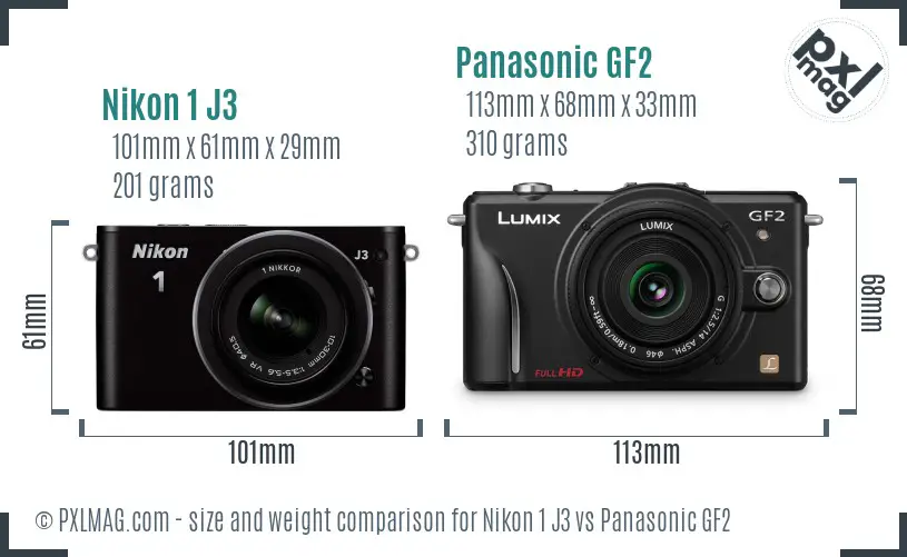 Nikon 1 J3 vs Panasonic GF2 size comparison