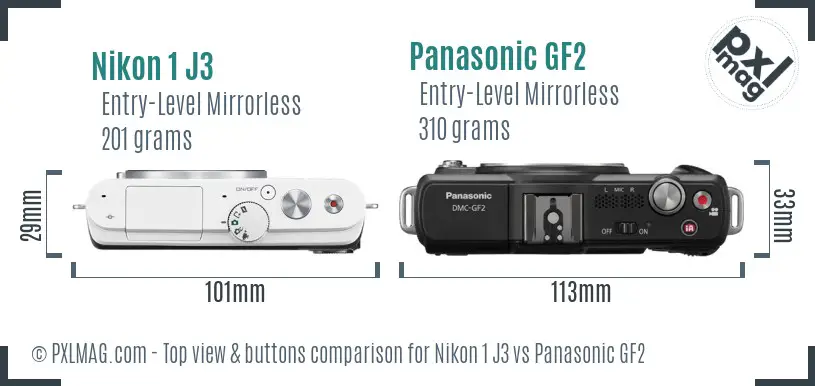 Nikon 1 J3 vs Panasonic GF2 top view buttons comparison