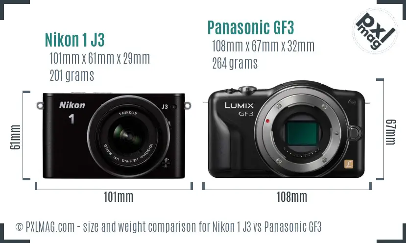 Nikon 1 J3 vs Panasonic GF3 size comparison