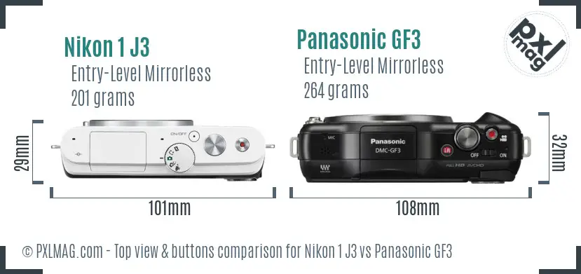 Nikon 1 J3 vs Panasonic GF3 top view buttons comparison