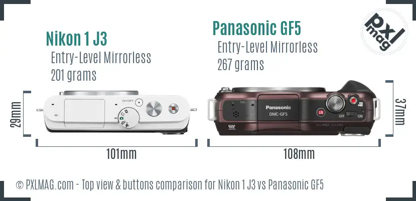 Nikon 1 J3 vs Panasonic GF5 top view buttons comparison