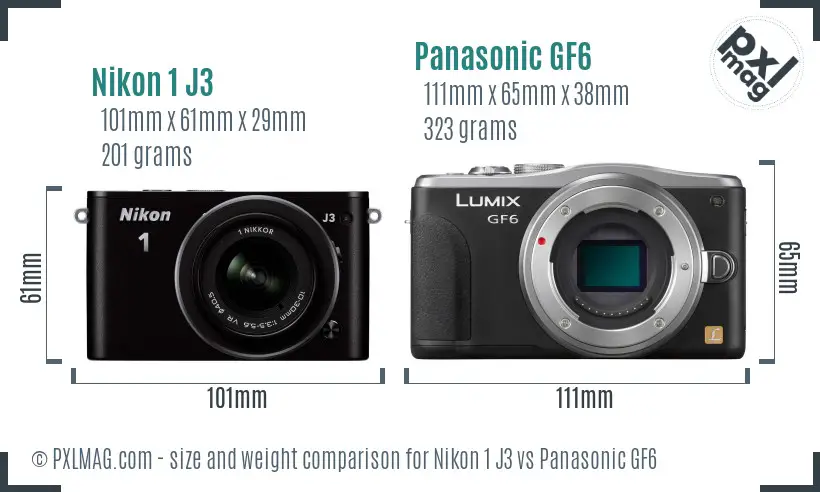 Nikon 1 J3 vs Panasonic GF6 size comparison