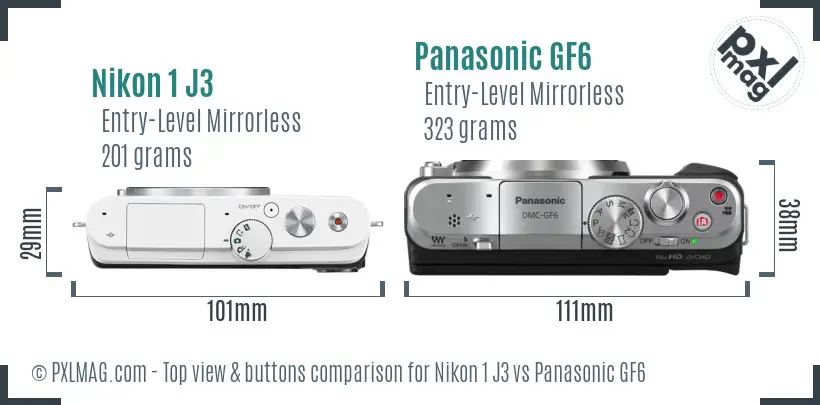 Nikon 1 J3 vs Panasonic GF6 top view buttons comparison