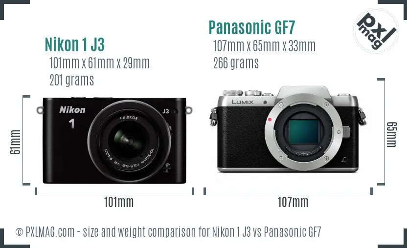 Nikon 1 J3 vs Panasonic GF7 size comparison