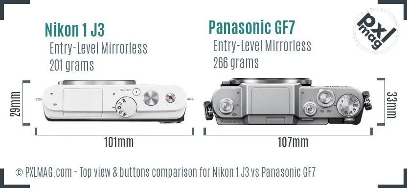 Nikon 1 J3 vs Panasonic GF7 top view buttons comparison