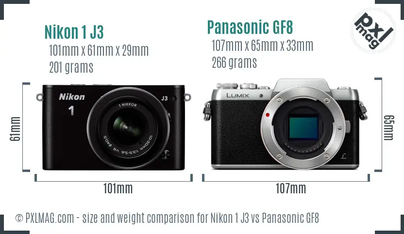 Nikon 1 J3 vs Panasonic GF8 size comparison