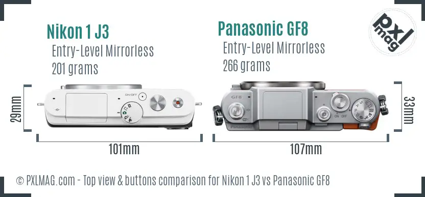 Nikon 1 J3 vs Panasonic GF8 top view buttons comparison