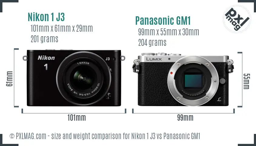 Nikon 1 J3 vs Panasonic GM1 size comparison