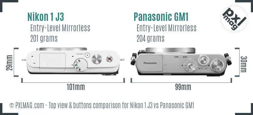 Nikon 1 J3 vs Panasonic GM1 top view buttons comparison
