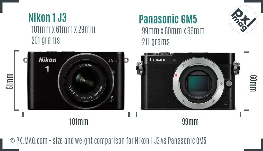 Nikon 1 J3 vs Panasonic GM5 size comparison