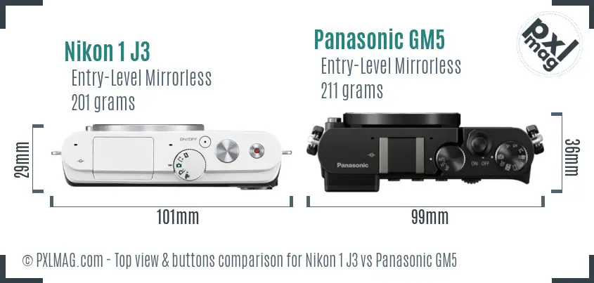 Nikon 1 J3 vs Panasonic GM5 top view buttons comparison