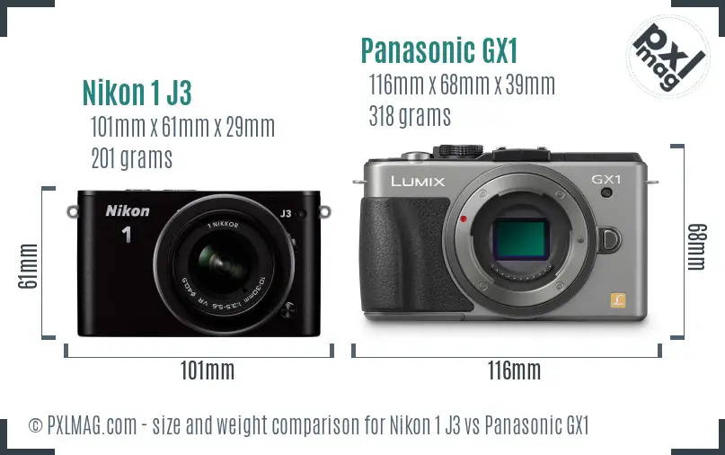 Nikon 1 J3 vs Panasonic GX1 size comparison