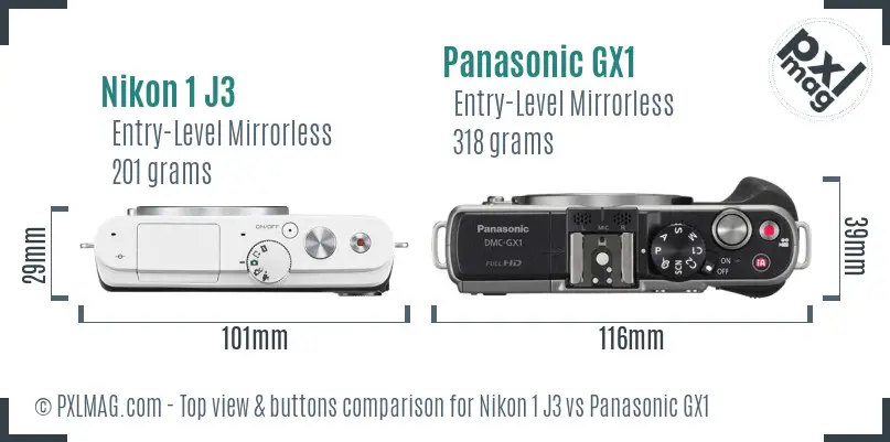 Nikon 1 J3 vs Panasonic GX1 top view buttons comparison