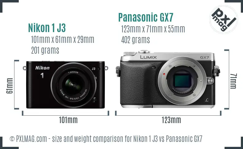 Nikon 1 J3 vs Panasonic GX7 size comparison