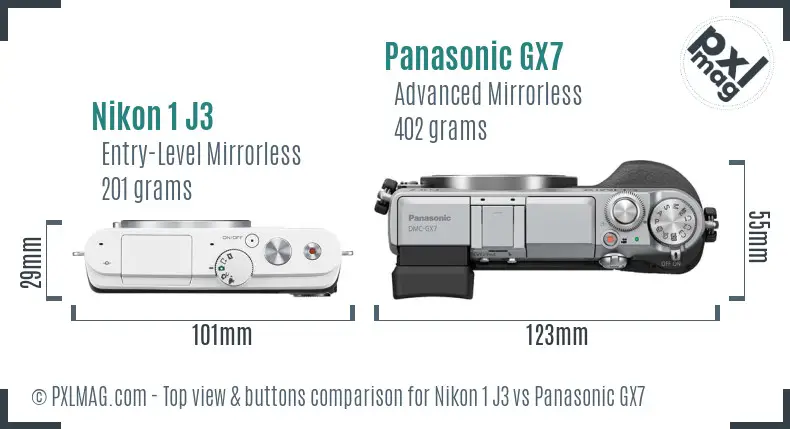 Nikon 1 J3 vs Panasonic GX7 top view buttons comparison