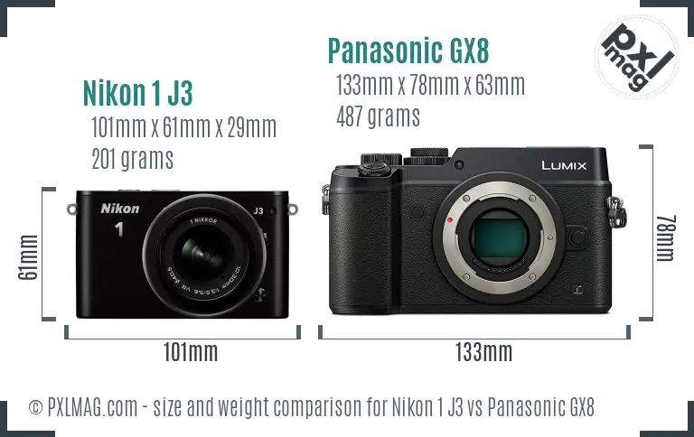 Nikon 1 J3 vs Panasonic GX8 size comparison