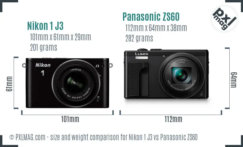 Nikon 1 J3 vs Panasonic ZS60 size comparison