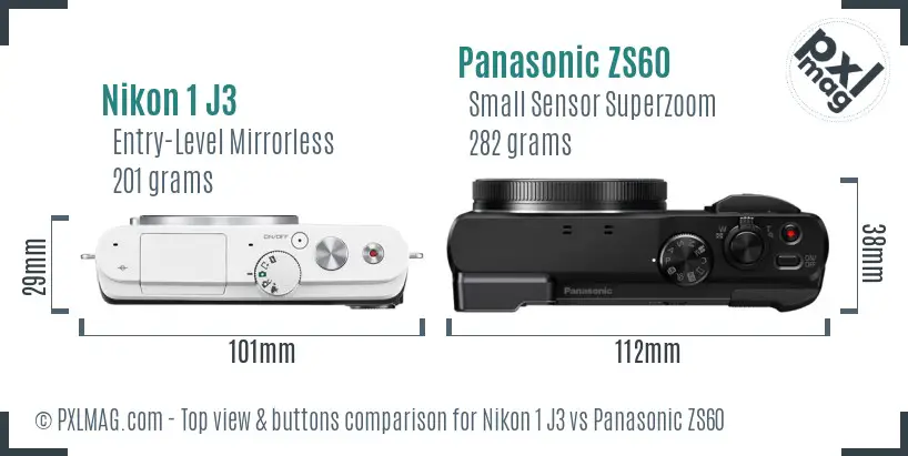 Nikon 1 J3 vs Panasonic ZS60 top view buttons comparison