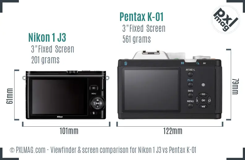 Nikon 1 J3 vs Pentax K-01 Screen and Viewfinder comparison