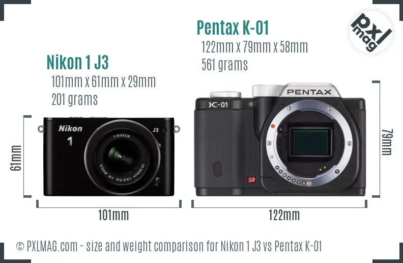 Nikon 1 J3 vs Pentax K-01 size comparison