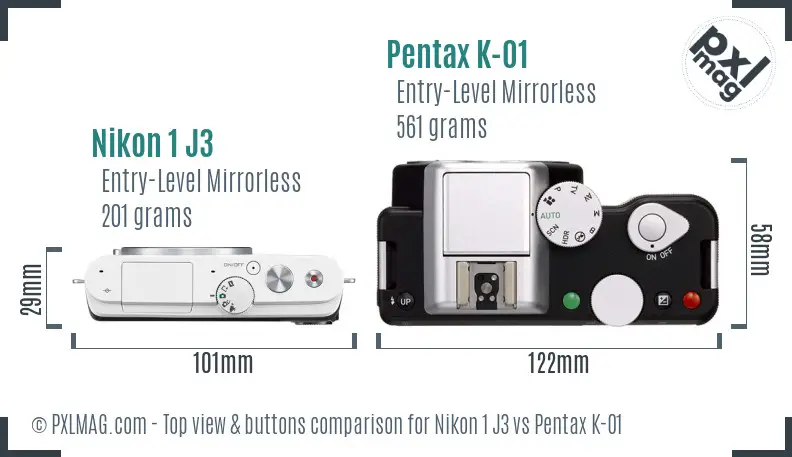 Nikon 1 J3 vs Pentax K-01 top view buttons comparison