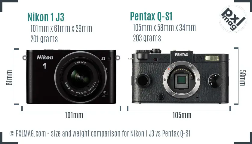 Nikon 1 J3 vs Pentax Q-S1 size comparison