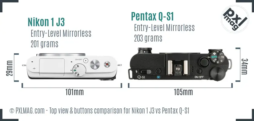 Nikon 1 J3 vs Pentax Q-S1 top view buttons comparison