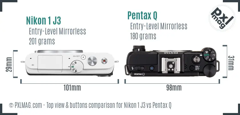 Nikon 1 J3 vs Pentax Q top view buttons comparison