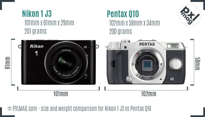 Nikon 1 J3 vs Pentax Q10 size comparison