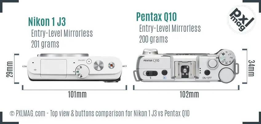 Nikon 1 J3 vs Pentax Q10 top view buttons comparison