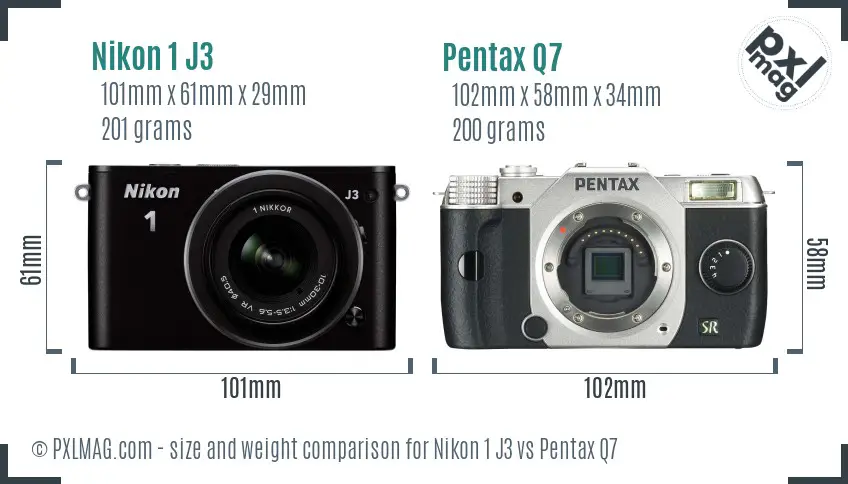 Nikon 1 J3 vs Pentax Q7 size comparison