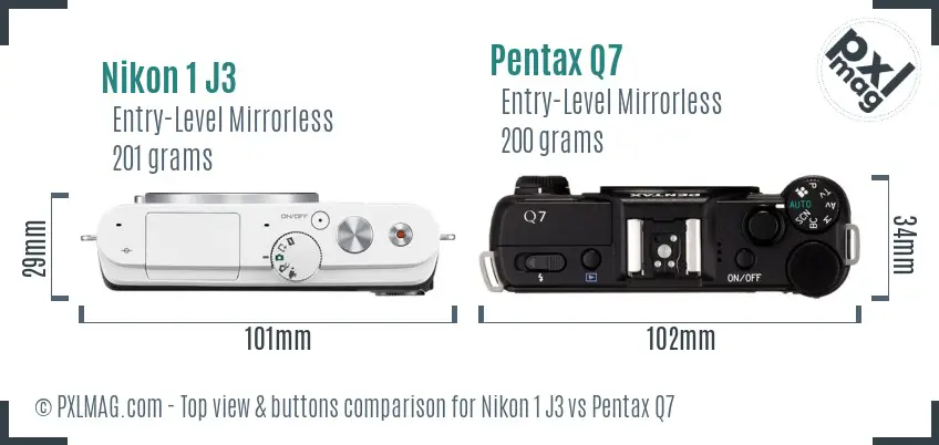 Nikon 1 J3 vs Pentax Q7 top view buttons comparison