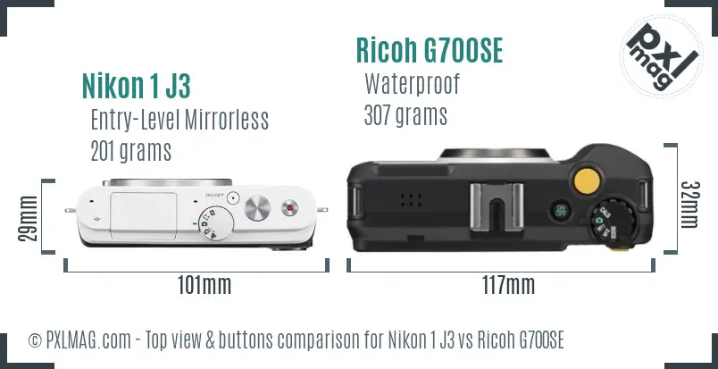 Nikon 1 J3 vs Ricoh G700SE top view buttons comparison Nikon 1 J3 vs Ricoh G700SE top view buttons comparison