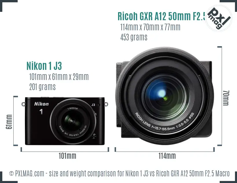 Nikon 1 J3 vs Ricoh GXR A12 50mm F2.5 Macro size comparison