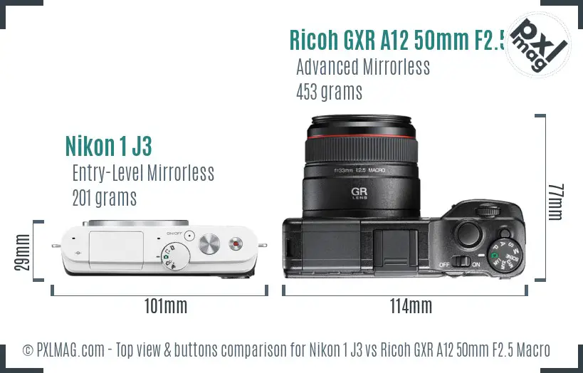 Nikon 1 J3 vs Ricoh GXR A12 50mm F2.5 Macro top view buttons comparison