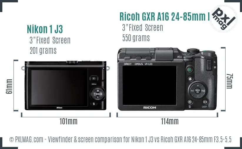 Nikon 1 J3 vs Ricoh GXR A16 24-85mm F3.5-5.5 Screen and Viewfinder comparison