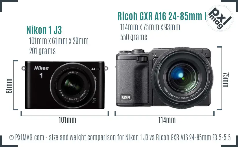 Nikon 1 J3 vs Ricoh GXR A16 24-85mm F3.5-5.5 size comparison