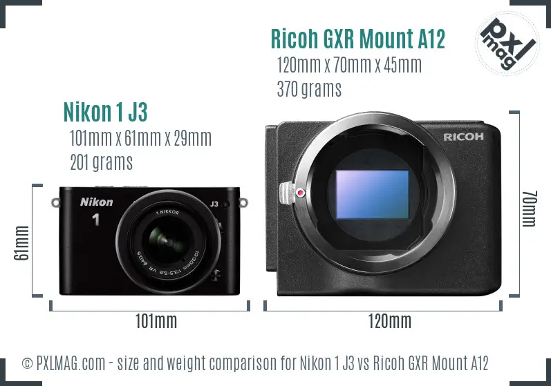 Nikon 1 J3 vs Ricoh GXR Mount A12 size comparison