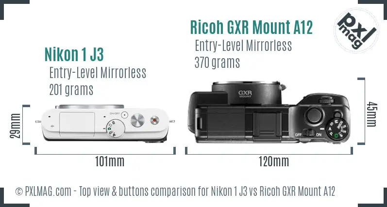 Nikon 1 J3 vs Ricoh GXR Mount A12 top view buttons comparison